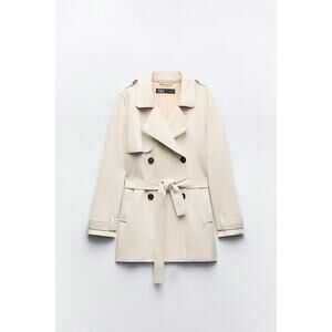 Zara Double Breasted Trench Coat Faux Suede Size Large Cream Belted Minimal